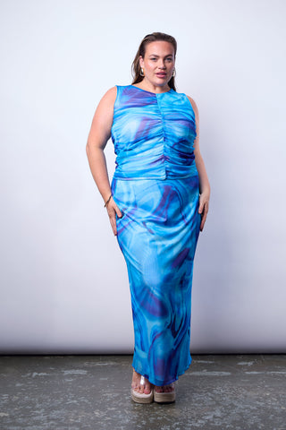 Mesh Maxi Skirt in Blue Water Print