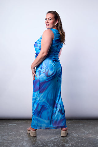 Mesh Maxi Skirt in Blue Water Print