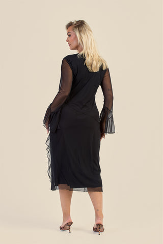 Curve Mesh Ruffle Sleeve Midi Dress