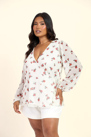 Curve Ditsy Print Wrap Balloon Sleeve Mesh Blouse