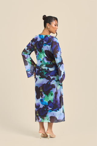 Curve Flare Sleeve Round Neck Printed Mesh Dress