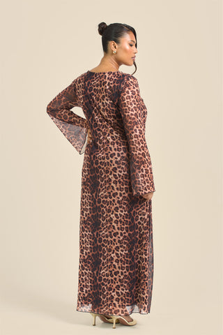 Curve Leopard Print Trim Detail Flare Sleeve Midi Dress