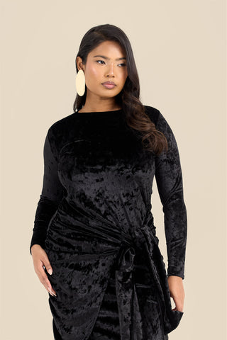 Curve crushed velvet tie front draped midaxi dress