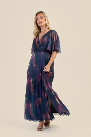 Curve Dark Water Colour Wrap Front Angel Sleeve Maxi Dress