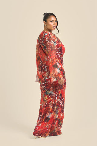 Curve Cowl Neck Abstract Butterfly Flare Sleeve Maxi Dress