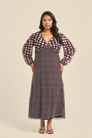 Curve Chocolate Polka Dot Balloon Sleeve Mesh Midi Dress