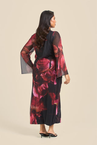 Curve Twist front large floral burgundy mesh midi dress