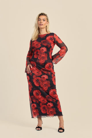 Curve Large floral flare sleeve mesh maxi dress