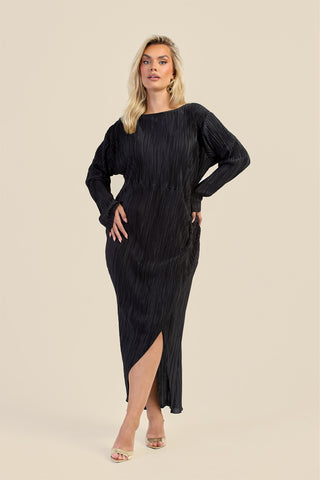 Curve Ruched Front Long Sleeve Black Plisse Midaxi Dress