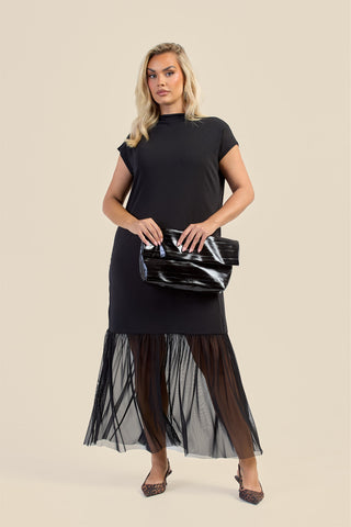 Curve Capped Sleeve Mesh Hem Maxi Dress