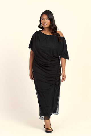 Curve Drop Shoulder Ruched Mesh Black Midaxi Dress