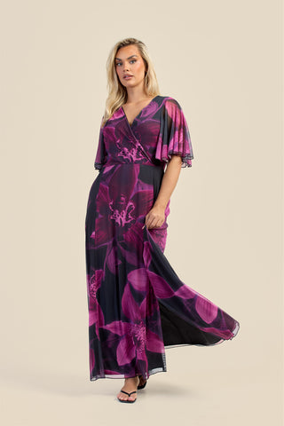 Curve Dark Purple Floral Wrap Front Angel Sleeve Maxi Dress