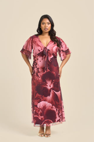 Curve Bold Pansy Print Flutter Sleeve Tie Front Midi Dress