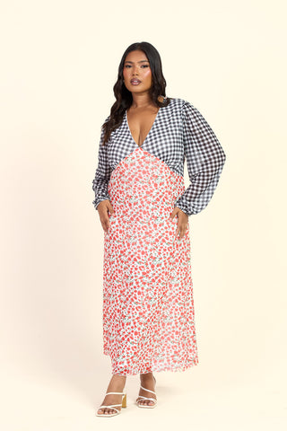 Curve Floral And Gingham Balloon Sleeve Midi Dress