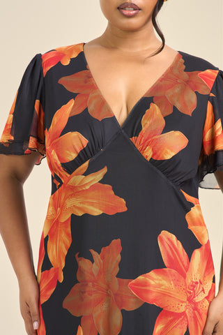 Curve Flutter Sleeve Bold Floral Midi Dress