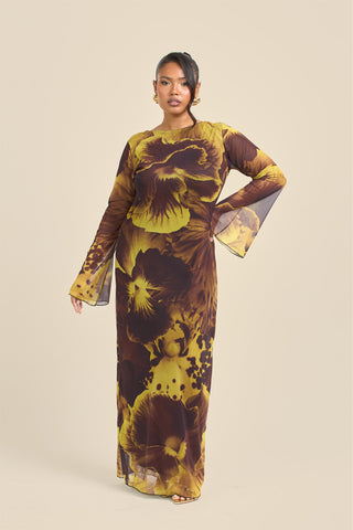 Curve Flare Sleeve Bold Floral Mesh Maxi Dress