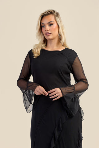 Curve Mesh Ruffle Sleeve Midi Dress