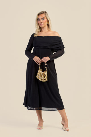 Curve Gathered Neck Long Sleeve Midi Dress
