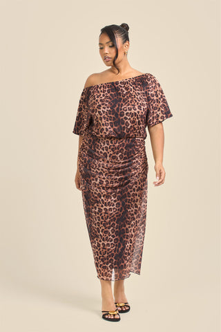 Curve Leopard Print Drop Shoulder Mesh Midi Dress