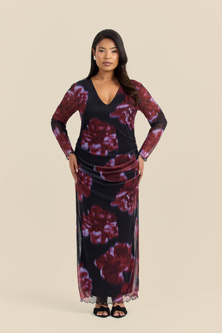 Curve V Neck ruched Midaxi Dress In Statement Floral