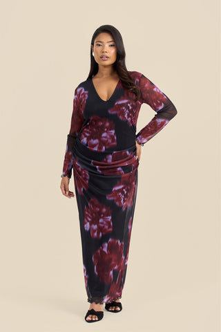 Curve V Neck ruched Midaxi Dress In Statement Floral