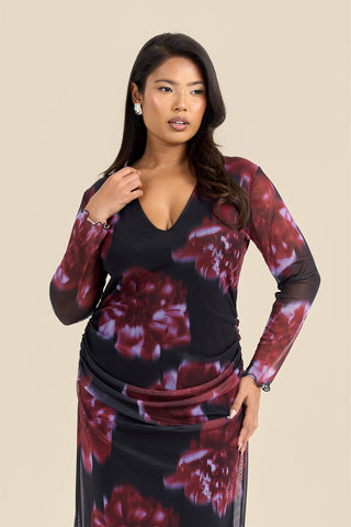 Curve V Neck ruched Midaxi Dress In Statement Floral