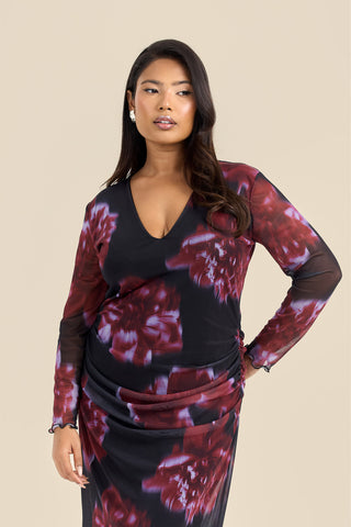 Curve V Neck ruched Midaxi Dress In Statement Floral