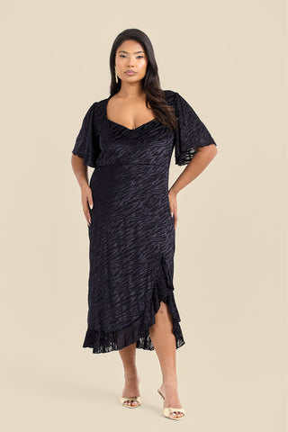 Curve Velvet Devore Flutter Sleeve Black Ruffle Hem Midi Dress