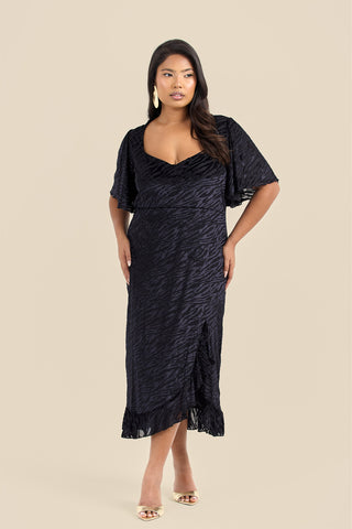 Curve Velvet Devore Flutter Sleeve Black Ruffle Hem Midi Dress