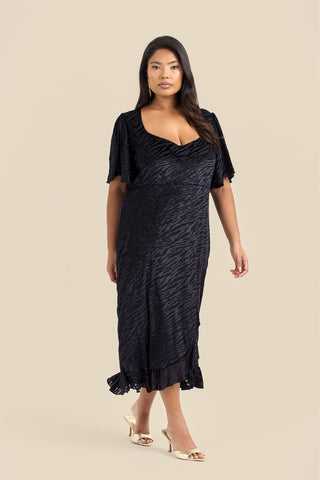 Curve Velvet Devore Flutter Sleeve Black Ruffle Hem Midi Dress
