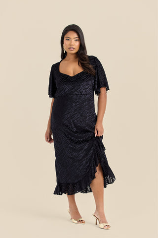 Curve Velvet Devore Flutter Sleeve Black Ruffle Hem Midi Dress