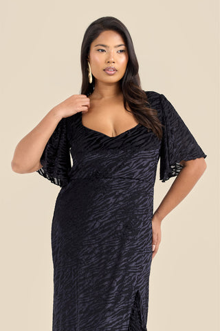 Curve Velvet Devore Flutter Sleeve Black Ruffle Hem Midi Dress