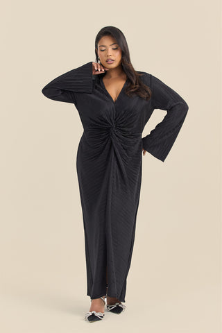 Curve Twist Front Flare Sleeve Plisse Midaxi Dress