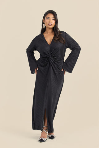 Curve Twist Front Flare Sleeve Plisse Midaxi Dress