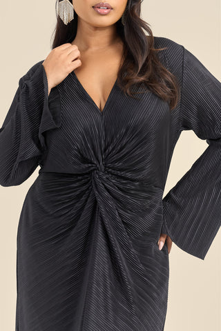 Curve Twist Front Flare Sleeve Plisse Midaxi Dress