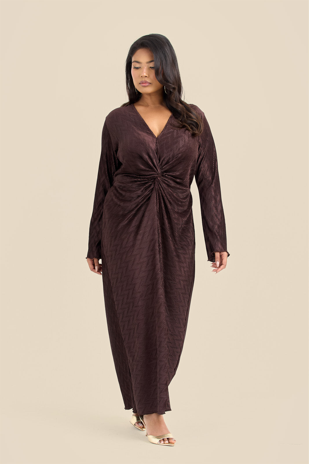 Plus Size Brown Plisse Twist Front Flare Sleeve Midaxi Dress Fashion//SZN Plus Size Brown Plisse Twist Front Flare Sleeve Midaxi Dress Fashion//SZN