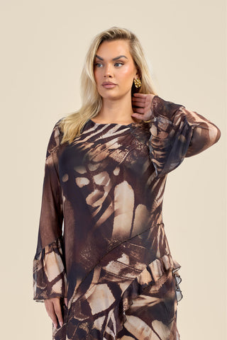 Curve Abstract Flare Sleeve Midi Dress