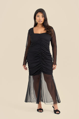 Curve Ruched Body Mesh Drop Hem Maxi Dress