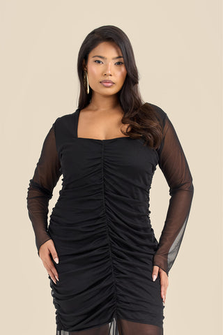 Curve Ruched Body Mesh Drop Hem Maxi Dress