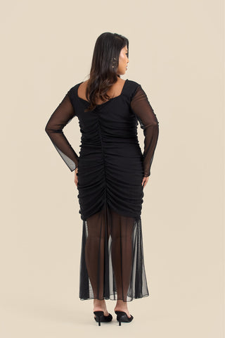 Curve Ruched Body Mesh Drop Hem Maxi Dress