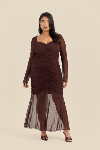 Curve Ruched Body Mesh Drop Hem Maxi Dress