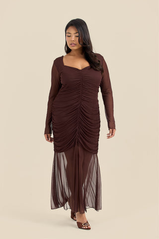 Curve Ruched Body Mesh Drop Hem Maxi Dress