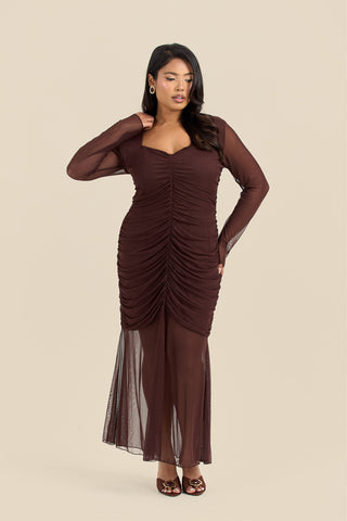 Curve Ruched Body Mesh Drop Hem Maxi Dress