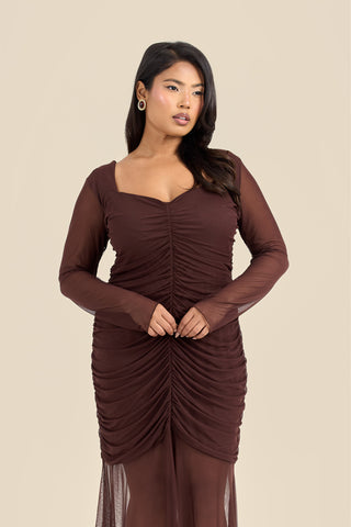 Curve Ruched Body Mesh Drop Hem Maxi Dress