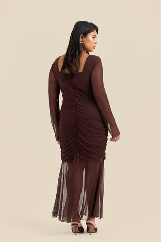 Curve Ruched Body Mesh Drop Hem Maxi Dress