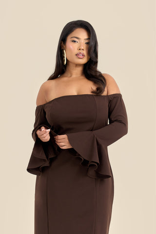 Curve Bardot Ruffle Sleeve Scuba Midi Dress
