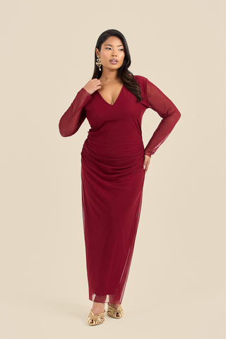 Plus Size Plunge Mesh Ruched Side Burgundy Midaxi Dress