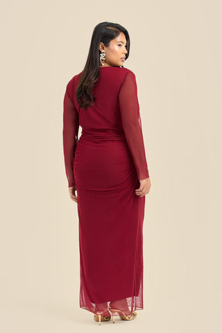 Plus Size Plunge Mesh Ruched Side Burgundy Midaxi Dress