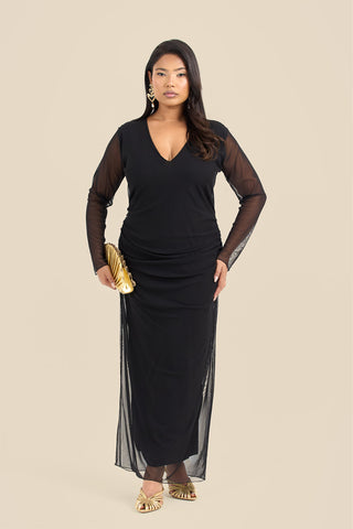 Plus Size Plunge Mesh Ruched Black Midaxi Dress