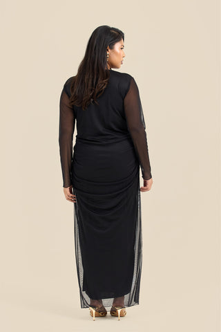 Plus Size Plunge Mesh Ruched Black Midaxi Dress